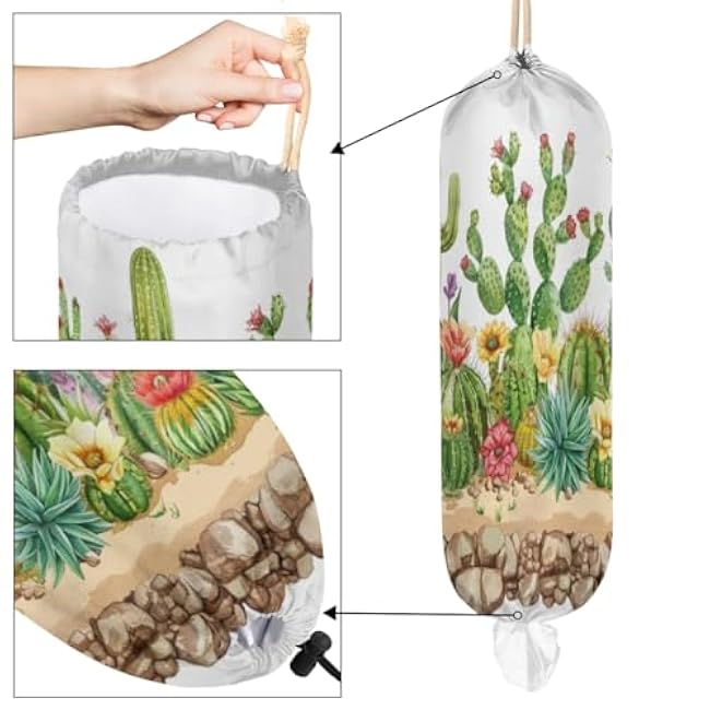 Colorful Cartoon Cactus Plastic Bag Holder Summer Succulent Theme Washable Grocery Bag Organizer for Plastic Bag Reusable Storage Dispenser for Kitchen