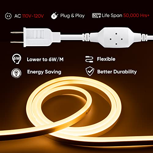 Shine Decor 50Ft Led Neon Rope Lights Outdoor Waterproof, Ac 110V 120V Flexible Neon Led Strip Lights(Warm White), Etl Plug&Play 15M Neon Lights String 120 Leds/M For Home Garden Commercial Lighting #TOP4