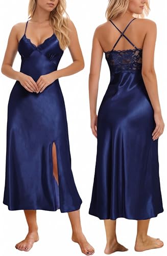Image of ALCEA ROSEA Women Silk Satin Nightgown Sexy Lace Chemise Lingerie Long Sleepdress for Ladies Sleepwear Slip Negligee