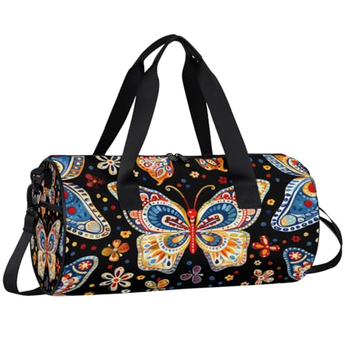 Colorful Butterfly Print Round Barrel Sports Fitness Bag, Travel Luggage Bag, Reusable Handbag, Suitable For Men and Women