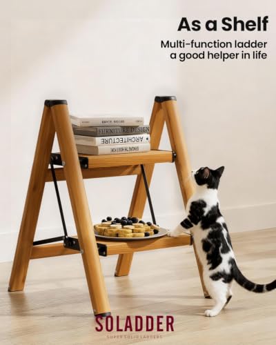 Image of SOLADDER 2 Step Ladder, Folding Step Stool with Anti-Slip Wide Sturdy Pedal, Multi-Use for Home and Kitchen Use, Space Saving-Woodgrain(300lbs Capacity)