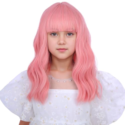 Image of Pink Wig with Air Bangs Short Lovely Pink Wavy Curly Wigs Light Pink Wig Synthetic Cosplay Hair Wig