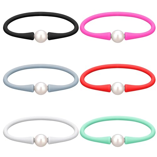 6 Pcs 9-11 mm Silicone Rubber Real Natural Freshwater Pearls Bracelets for Women Womens Charm Bangle Personalized Jewelry Silicone Bracelet Colored Dainty Stretch Mood Rubber Bands, 7.5 Inch