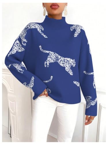 Image of WDIRARA Women's Leopard Tiger Print Sweater High Neck Long Sleeve Fuzzy Knitted Pullover Top
