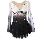 zdxrz abito da pattinaggio artistico su ghiaccio, bianco+nero, bianco+verde, bianco+blu, bianco+viola, body da pattinaggio artistico con strass e maniche lunghe(white+black,m)