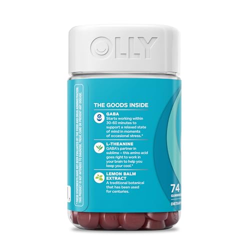 Image of OLLY Goodbye Stress Gummy,GABA,L-Theanine,Lemon Balm,Stress Relief Supplement,Berry -,74 Count (Pack of 2)