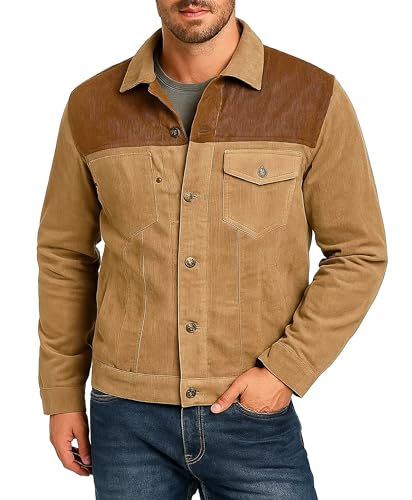 Image of Men's Brown Suede Leather Fur Shearling Collar Jacket - Black Leather Motorcycle Jacket Men - Brown Corduroy Coat