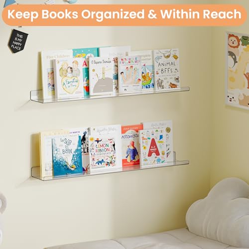 Image of upsimples 35.5 inch Acrylic Shelves for Wall Storage and Organizer, 2 Pcs | Extended Shelf for Picture, Skincare, Perfume, Bag, Kitchen Spice Rack, Kids Bookshelf, Invisible for Displaying, Room Decor