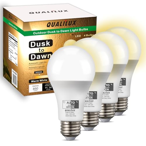 Qualilux Dusk to Dawn LED Light Bulbs Outdoor, Automatic On/Off, 60W Equivalent, Warm White 3000K, Energy Efficient 9.5W, 850 Lumen, A19, E26 Base, 4-Pack, HQ-H009