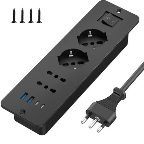Aochxin Presa Angolare Multipresa Elettrica con 2 USB-A, 2 USB-C e 4 Prese, Ciabatta con Interruttore e Protezione Sovratensione, Cavo 2m, Presa Multipla per Mobili o Superfici di Lavoro (Nero)