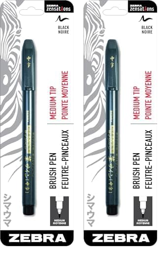 Zebra Pen Zensations Brush Pen, Medium Brush Tip, Black Water-Resistant Ink, 2-Pack
