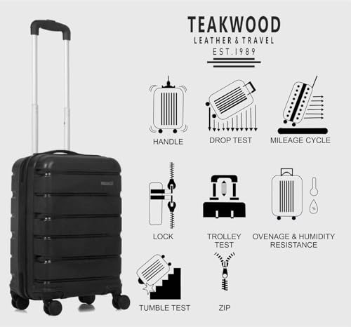 Image of Teakwood Unisex Trolley Bag, Hard Cabin Trolley Small, 55 CM Trolley Bag for Travel, Lock System 360 Degree 8 Rotating Wheel (S, Black)