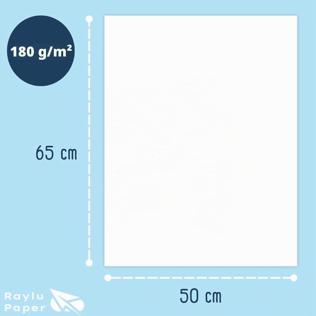 Raylu Paper – Papier Cartonné 50 x 65 cm Coloré, 25 Feuilles Cartonnées, Papier Epais de Couleur, pour l’Ecole, le Bureau, le Scrapbooking, les Activités Manuelles, 180g/m² (Blanc)