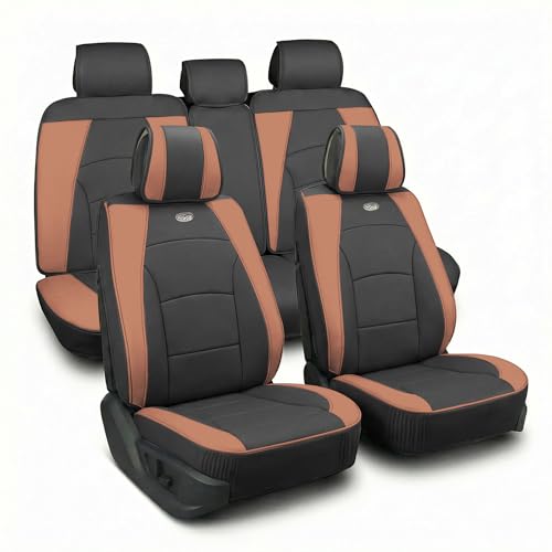 Image of FH Group Ultra Comfort Highest Grade Faux Leather Full Set Cushion Pads Car Seat Covers for Front and Rear- Universal Fit for Cars Trucks & SUVs (Brown /Black)