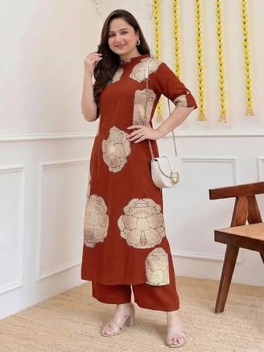 Image of ANNI Designer Women Viscose Blend Straight Fit Printed Kurta Palazzo Set | Mandarin Neck Outfit | Lightweight Breathable Fabric | Comfortable Elegant Styling for Office Casual Wear