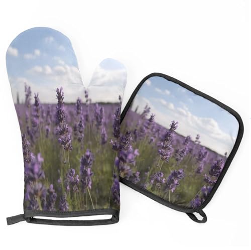 Lavender Flower Oven Mitts Kitchen Oven Gloves for Cooking Baking Heat Proof Lining Cotton Kitchen Potholder Mittens Pot Holders Hot Pads for Chef Women Men