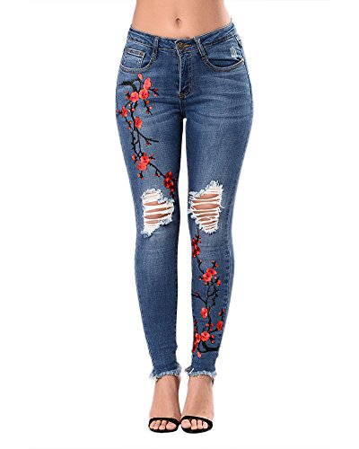 Vaqueros Skinny Push-Up Pantalones Elástico Jeans Bordados Vaqueros para Mujer Azul Marino M