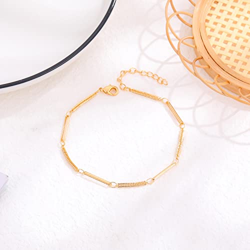 Image of Womens Dainty Gold Chain Bracelet,Simple Layered Chain Bracelets,Beaded Turquoise Bracelet,Charm Crystal Bar,Heart,Karma,Triangle,Pearl Bracelets for Women