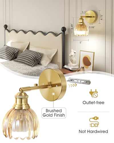 Image of VOLISUN Vintage Battery Operated Wall Sconce,with Amber Tulip Glass Lampshade, Wireless Wall Sconce, Rechargeable Battery Powered Wall Light, Sconce Wall Decor for Bedroom Living Room