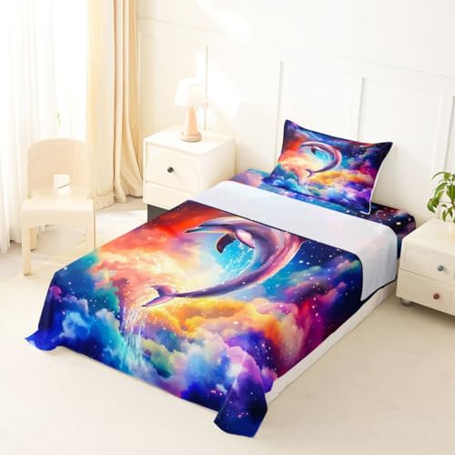 Image of jejeloiu Dolphin Bed Sheets Set Full Size Sea World Bed Set for Kids Boys Girls Tropical Ocean Deep Pocket Fitted Sheet Marine Life Breathable Soft Lightweight Microfiber