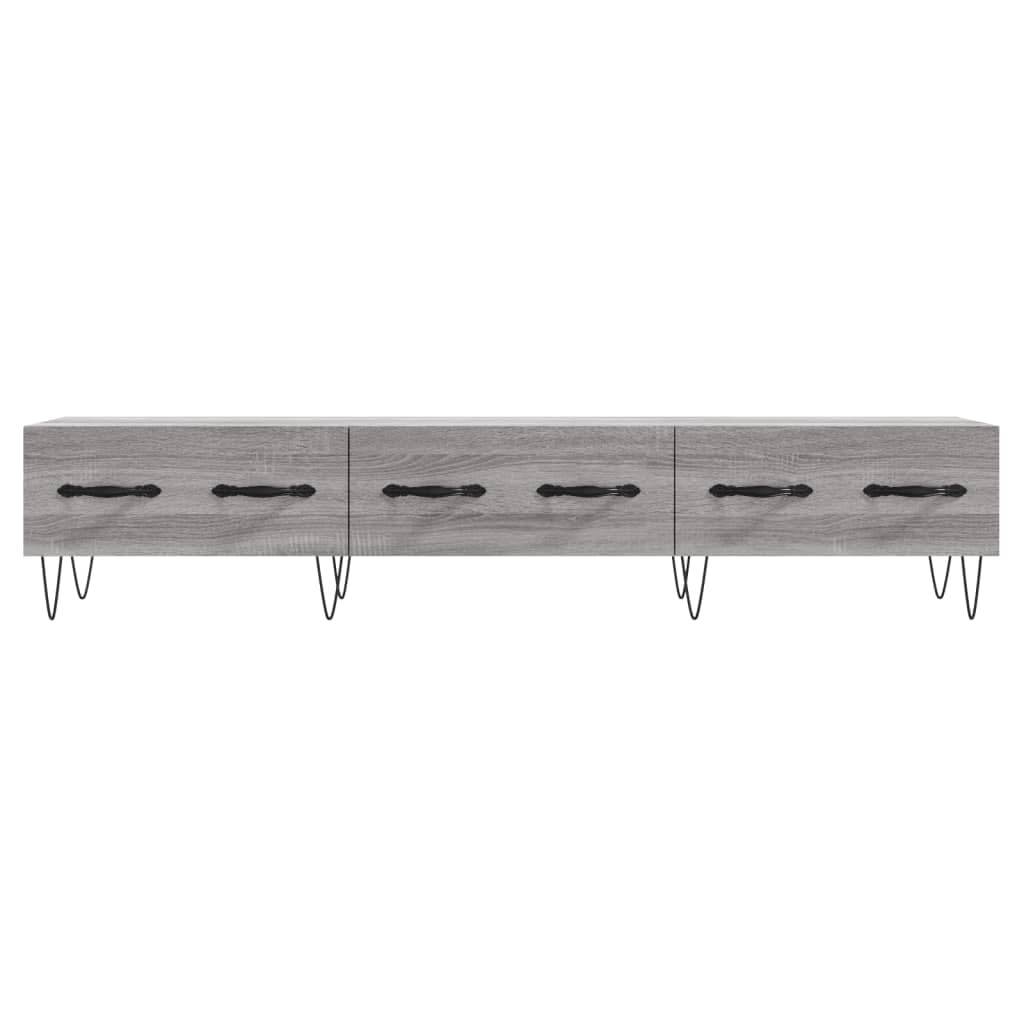 Szafka pod telewizor Sonoma szara z materiału drewnopochodnego 150 x 36 x 30 cm z żelaznymi nogami, 3 szuflady, niska szafka do salonu, gier, kina domowego, schowek, zarządzanie kablami