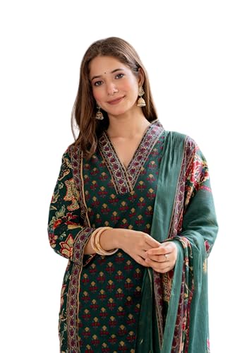Image of MEERA FAB Women's Cotton Blend Straight Printed Kurta with Palazzo & Dupatta