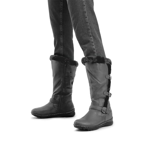 Dream Pairs Women'S Winter Fully Fur Lined Triple Buckle Ruched Snow Knee High Boots Grey Pu-Sz-9 thumb #6