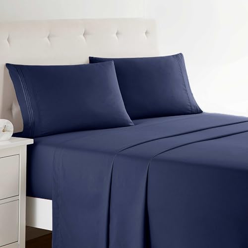 Clara Clark Premier 1800, Twin Bed Sheet Set, 3Pcs Deep Pocket Navy Blue Sheets, Includes Fitted, Flat & Pillowcase, Microfiber, Soft & Breathable, Fade Resistant
