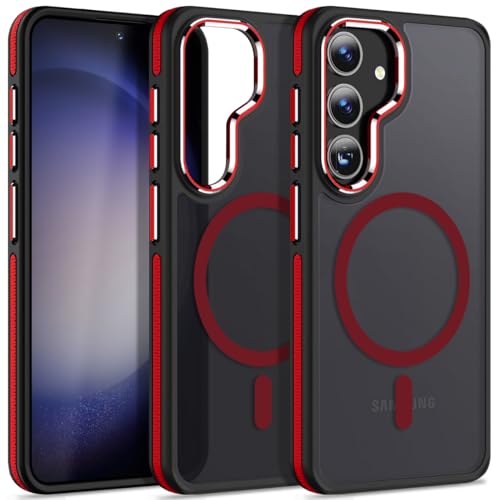 Image of MALEWOLF Magnetic Designed for Samsung Galaxy S24 Case 6.2 inch Compatible with MagSafe, Anti-Slip Edge Military Grade Drop Tested Hard Back Protective Translucent Case for Samsung S24 Case (Black /Red)