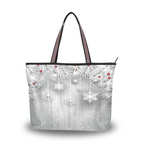 Woman Tote Bag Shoulder Handbag Silver Christmas Tree Snowflake for Work Travel Business Beach Shopping