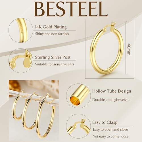 BESTEEL 14K Chunky Gold Hoop Earrings for Women With 925 Sterling Silver Post Hollow Tube Hoops Earrings 4mm Thick Gold Hoop Earrings Hypoallergenic Lightweight Gold Large Hoop Earrings 25/30/40/50/60/70MM4