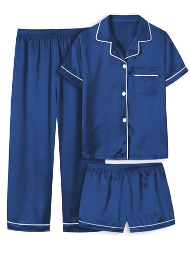 BINPAW Girls Pajamas Set Silk Satin 3 Piece PJs Sleepwear Soft Nightwear for Kids 5-14 Years