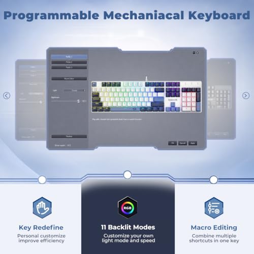 Image of Redragon Mechanical Gaming Keyboard Wired, 11 Programmable Backlit Modes, Hot-Swappable Red Switch, Anti-Ghosting, Double-Shot PBT Keycaps, Light Up Keyboard for PC Mac, Blue
