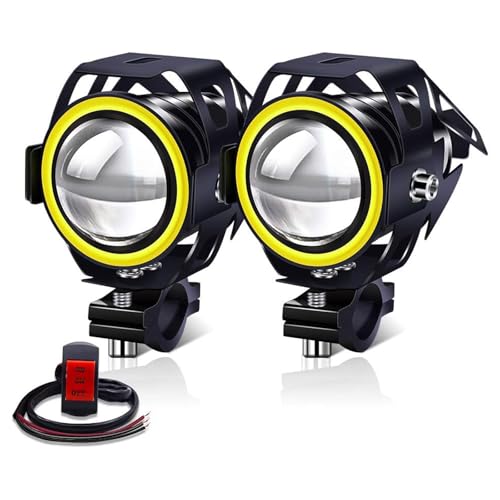 YnGia Faretti anteriori per moto Fendinebbia a LED 12V 24V, 2PCS Luci di marcia diurna con interruttore a 3 fili ON/ON/OFF, Fari ausiliari impermeabili U7 con alone giallo