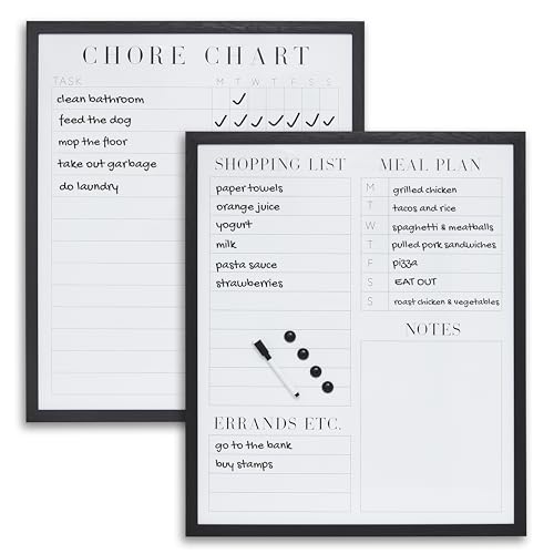 sheffield home set of two family planner dry erase boards featuring, chore chart, shopping list, weekly meal planner and notes, 20x24 inch, black