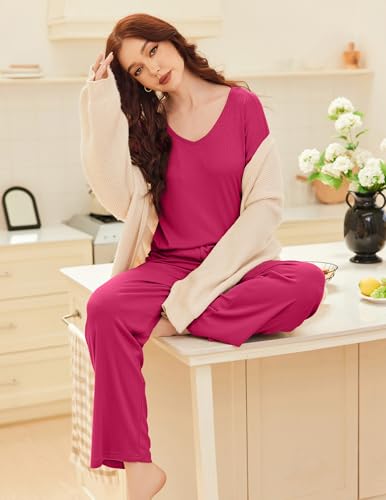 Ekouaer Womens Ribbed Knit Pajamas Set V Neck Long Sleeve Pj Set 2 Piece Loungewear Casual Sleepwear
