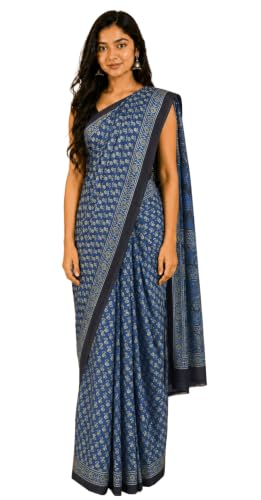 Image of Ethnics of Kutch Womenss Ajrakh Modal Silk Natural Dye Hand Block Print Saree with Blouse Piece - 5.5 Mtr Length (Indigo 03601B)