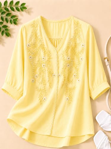 Image of RIEKA Womens Embroidered Korean Style Top and Tunic; V Neck| Floral Thread Embroidery| Three Quarter Puff Sleeves |Relaxed Fit Curved Hem| Casual Everyday Fusion Top