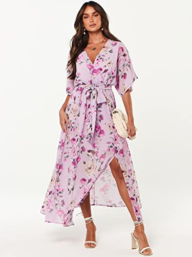 Image of ANRABESS Womens 1 /2 Sleeve Beach Wedding Guest Maxi Dresses 2026 Summer Wrap V Neck Boho Floral Flowy Slit Long Dresses