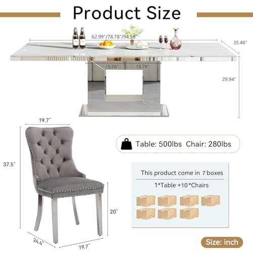 Image of 11-Piece Extendable Dining Table Set for 10, Modern 63 inch-94 inch White Faux Marble Expandable Kitchen Table Set with 10 Velvet Chairs,Large Extendable Dining Room Tables with Mirrored U-Shape Base