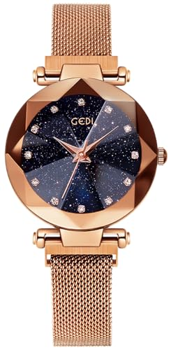 Montre pour femme à quartz bracelet magnétique en maille acier rose gold