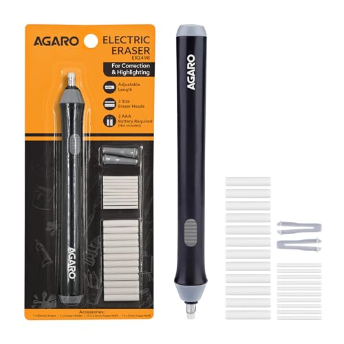 Image of AGARO Electric Eraser ER2498, 2.3mm & 5mm Eraser, Automatic Correction & Highlighting, for Sketching, Drawing, Portrait Shading, 22 Refills, 2 Eraser Holders, (Batteries not Included), White