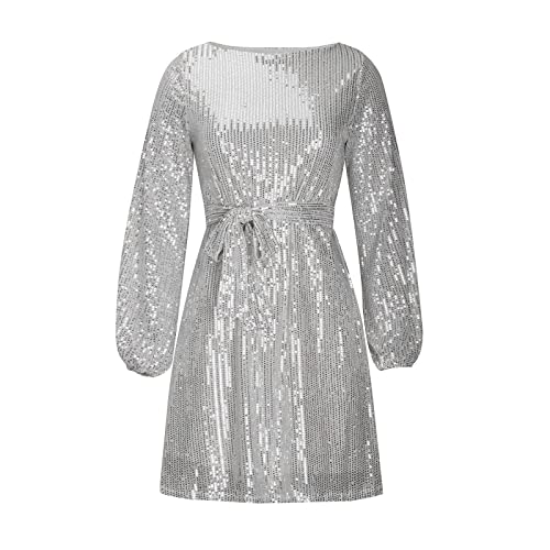 Women's Sequins Evening Dress Sexy Mesh Cutout High Waist Lace Up Glitter Cocktail Party Dress Crew Neck Long Sleeve Short Shining Formal Dress Silver #TOP3