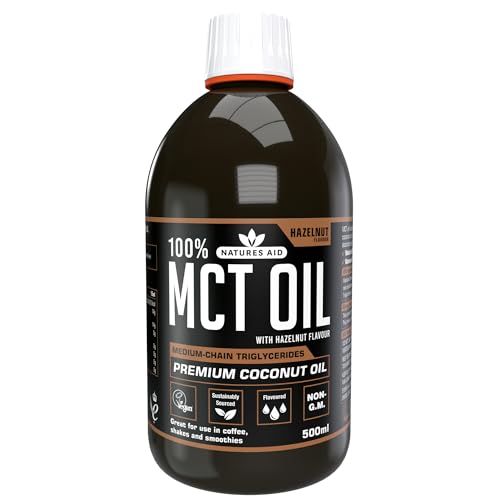 Natures Aid MCT Oil 500ml Hazelnut - Add to Coffee Shakes Smoothies or Dressings - 100 Percent Premium Coconut Oil Pure Sustainably Sourced Vegan Vegetarian GMP Standards Rapid Absorbed for Energy