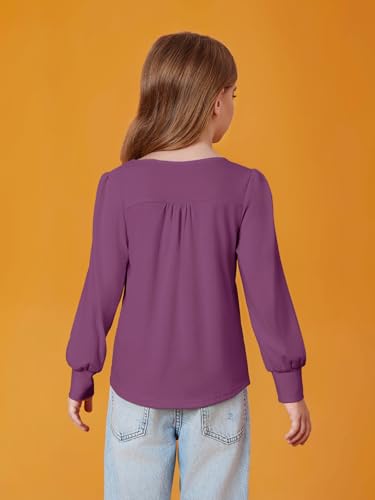 Image of Haloumoning Girls Puff Long Sleeve Shirts Fall Tops 5-14Y | Casual,Solid Color,Crewneck, Soft, Tunic Tops Blouse,Kids Long Sleeve T Shirt,,Fashion Clothes