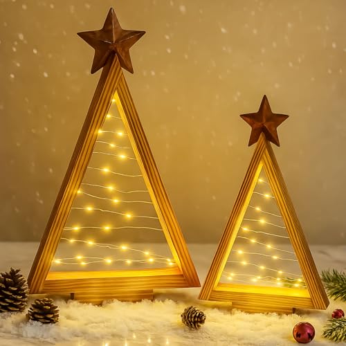 Weihnachtsdeko LED Weihnachtsbaum Holz mit Stern, 2 Stück...