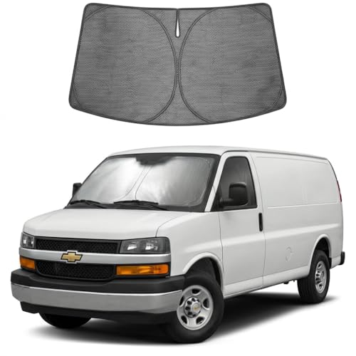 Image of Proadsy Windshield Sun Shade Custom Fit Chevrolet Chevy Express 1996-2026 Ice Crystal Black Front Window Sunshade UV and Heat Blocker Foldable Visor Keeps Car Cooler for Summer Parking and Daily Use