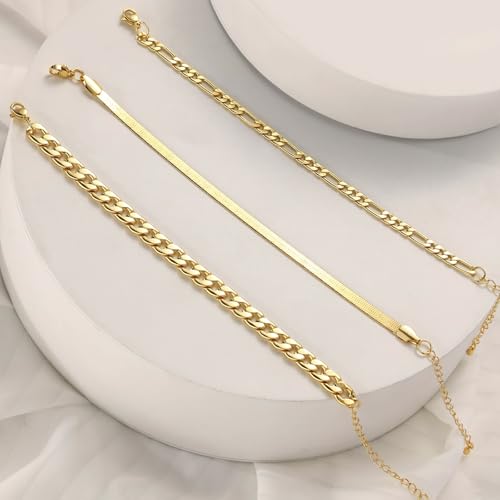 Image of 14K Gold Anklets for Women Waterproof Rhinestone Ankle Bracelet Layered Cuban Link Chain Diamond Anklet Beach Jewelry for Women (GOLD- Anklets-Style-C)