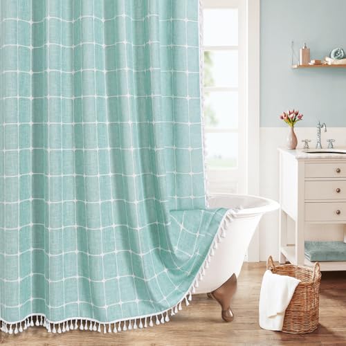 MitoVilla Teal Blue Boho Shower Curtains for Modern Farmhouse Bathroom Decor Turquoise Country Thick Polyester Linen Fabric Shower Curtain with Tassel 72 x 72