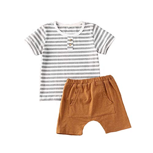 Infant Baby Boy Outfits Summer Short Sleeve Stripe T-Shirt + Solid Color Shorts Set 2Pcs Clothes Set (White, 12-18 Months)